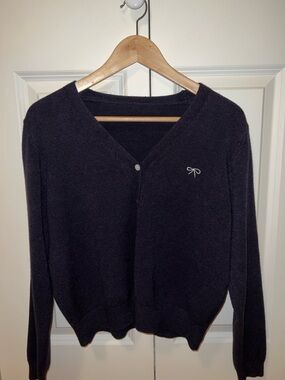 Navy V-Neck Bow Logo Cardigan with Buttons